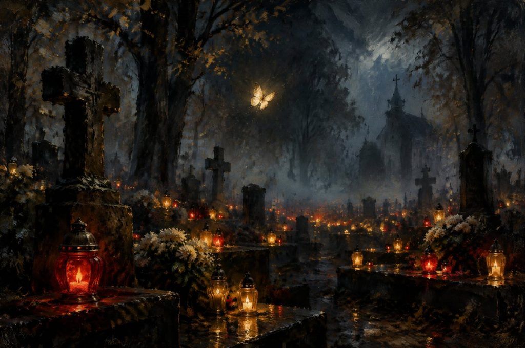 Vėlinių naktis kapinėse, žvakės ir švytintis drugelis